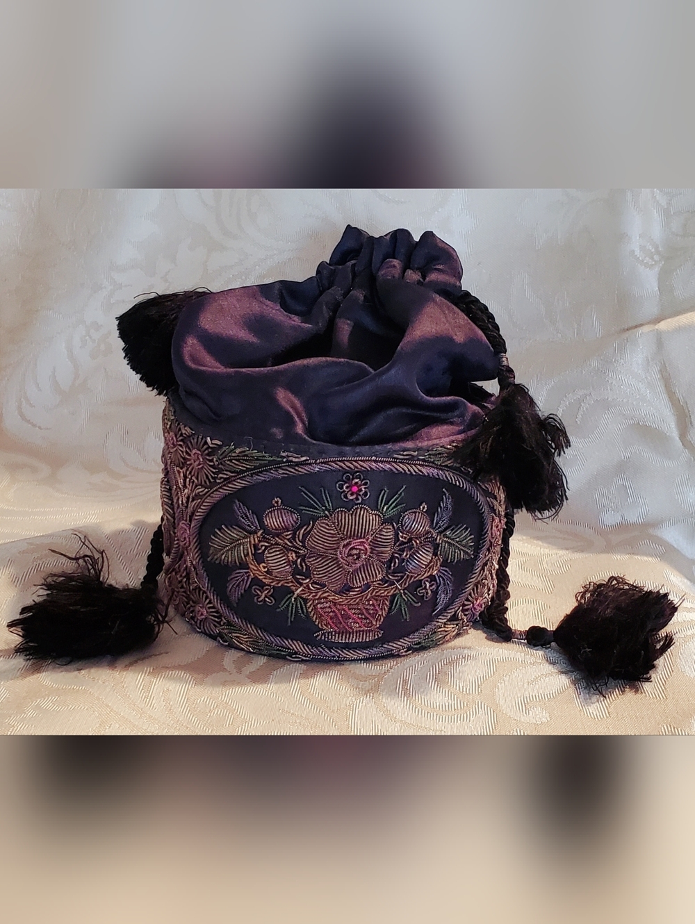 Antique Victorian Gilded Age Silk Bag with Metallic Cushion Embroidery Ex. Cond.